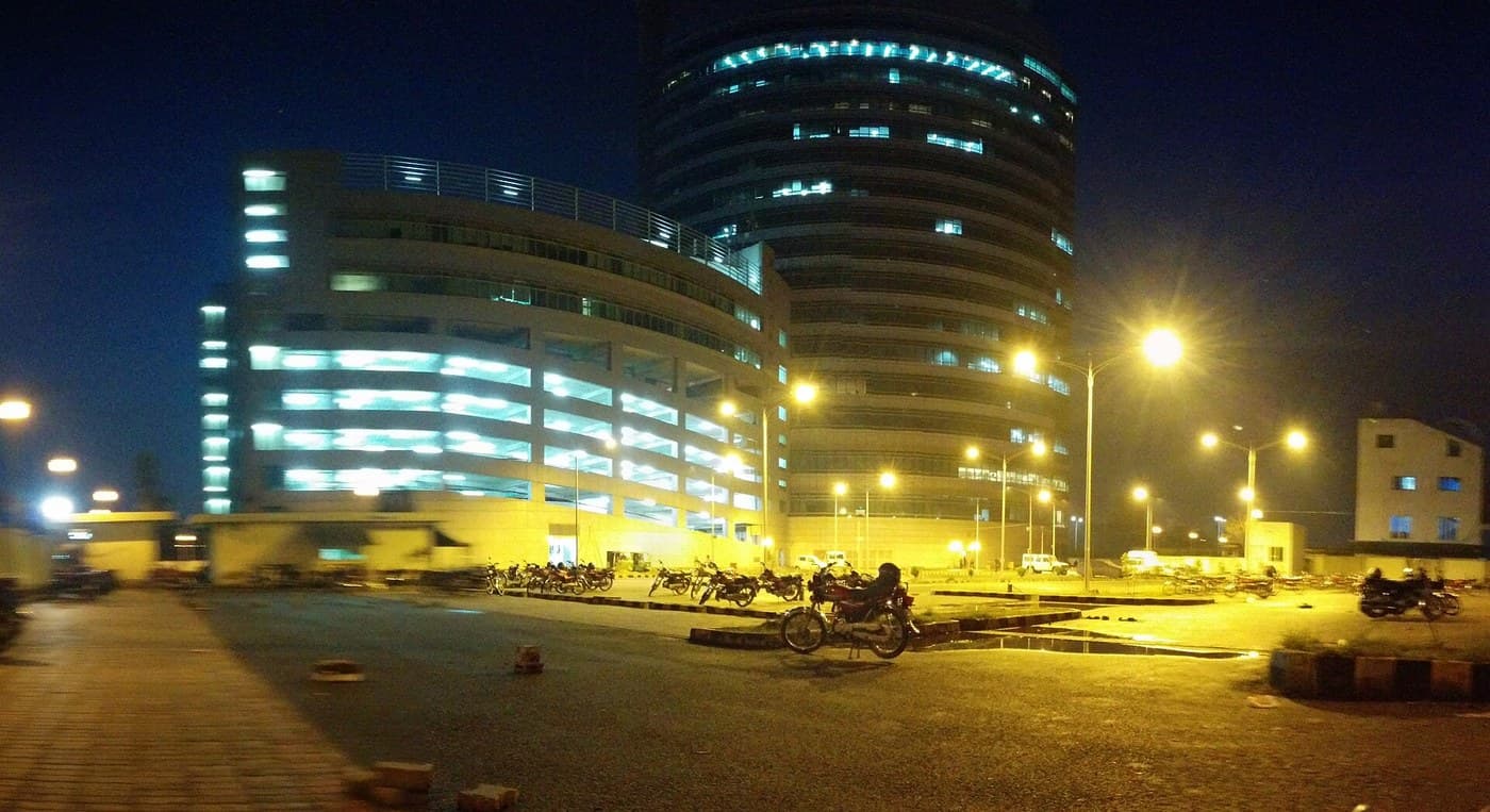 Illuminated Arfa Software Technology Park building in Lahore