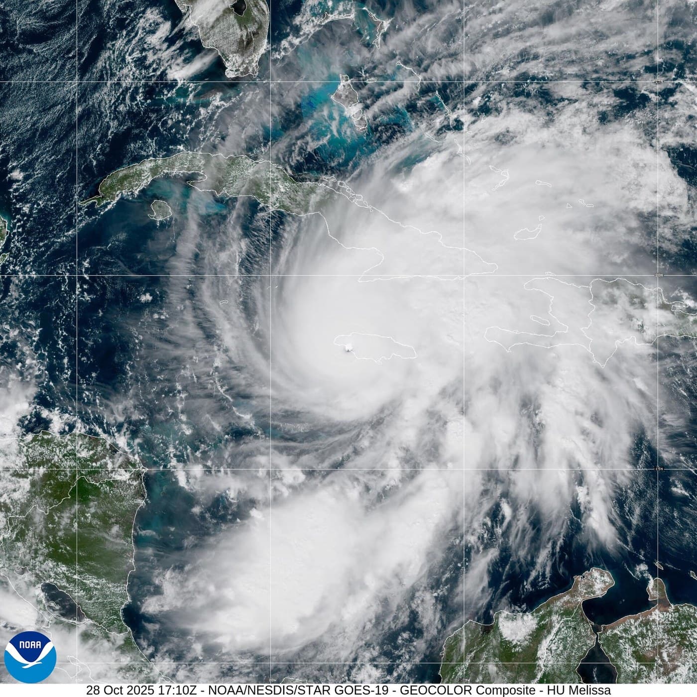 Satellite view of Hurricane Melissa over Jamaica on 28 October 2025
